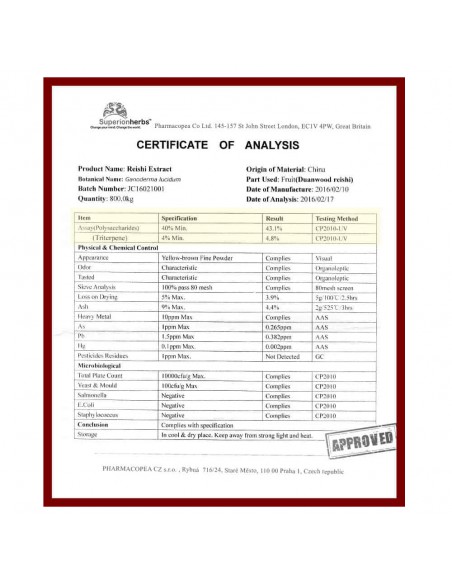 Ganoderma, Duanwood Red Reishi, Extrakt 40 % polysacharidů, certifikát