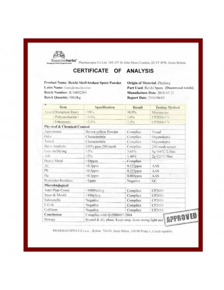 Ganoderma, Duanwood Red Reishi, 100% spórový prášek, certifikát